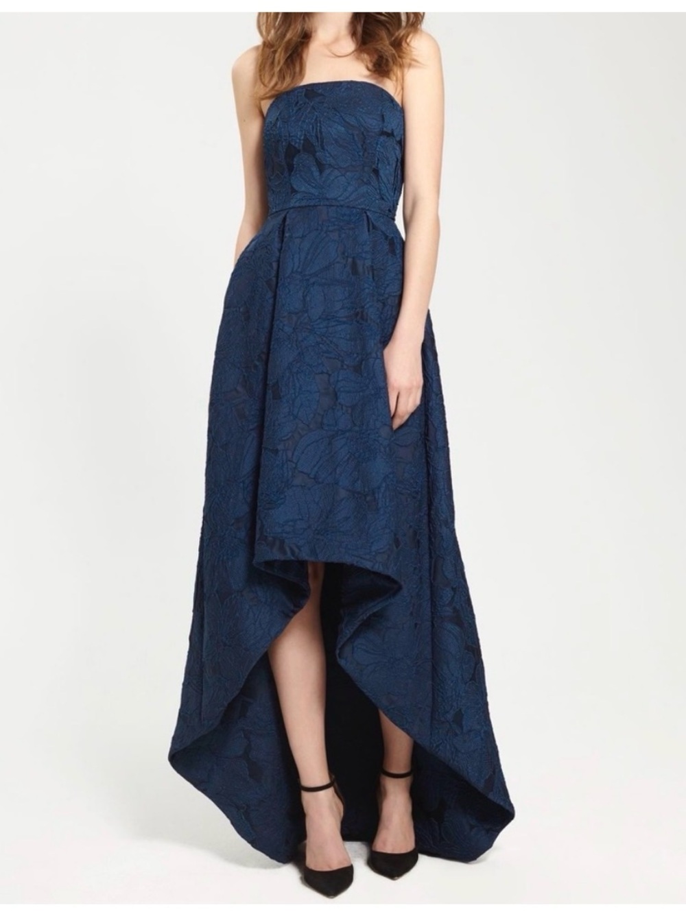 Monique Lhuillier Strapless Navy Jacquard High-Low Gown